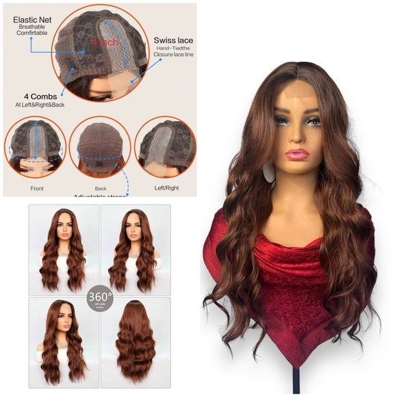 26 Inch Ombre front Closure Mesh Dark Brown To Burgundy Wavy Wig for Dai… - Picture 1 of 11